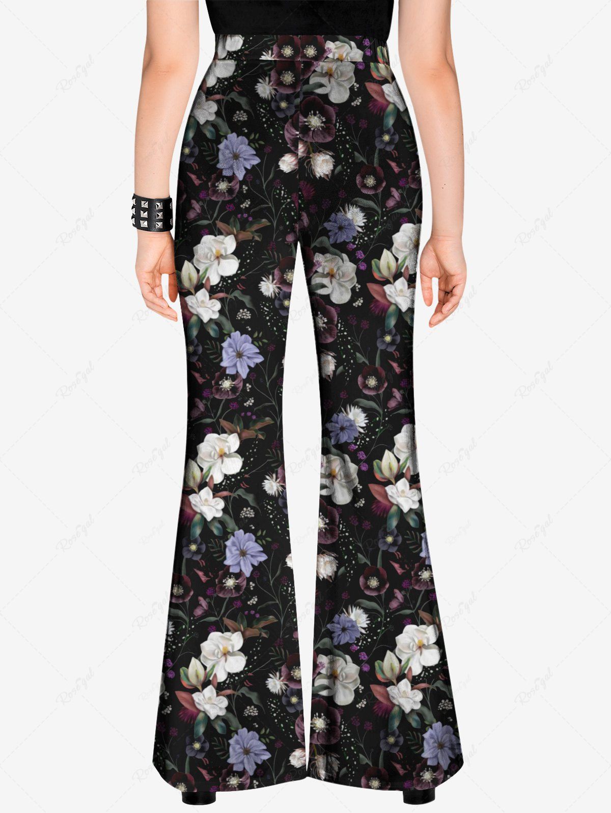 Gothic Plus Size Colorful Flower Leaf Print Flare Pants