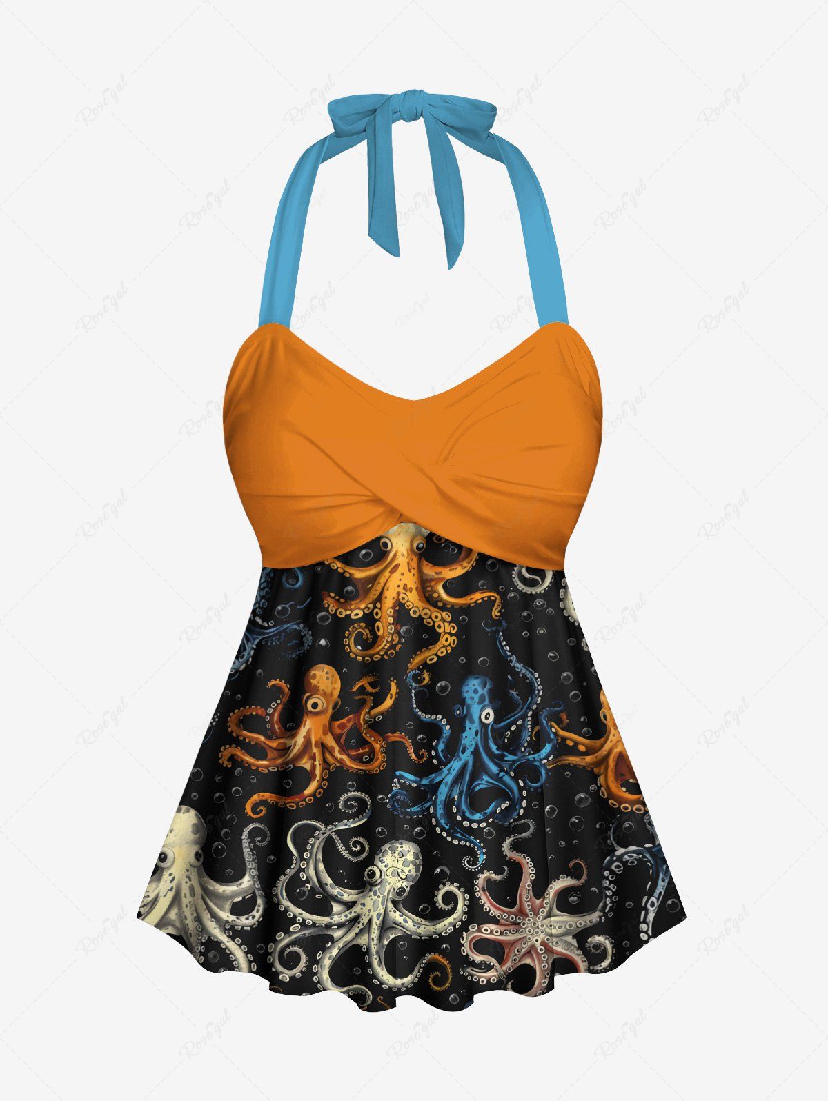 Gothic Plus Size Colorful Octopus Bubble Print Twist Halter Backless Cinched Boyleg Tankini Swimsuit