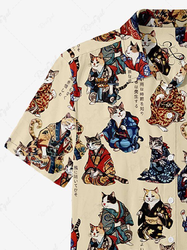 Gothic Plus Size 100% Cotton Kimono Cat Word Print Button Shirt For Men