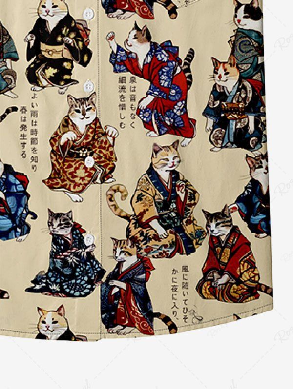 Gothic Plus Size 100% Cotton Kimono Cat Word Print Button Shirt For Men