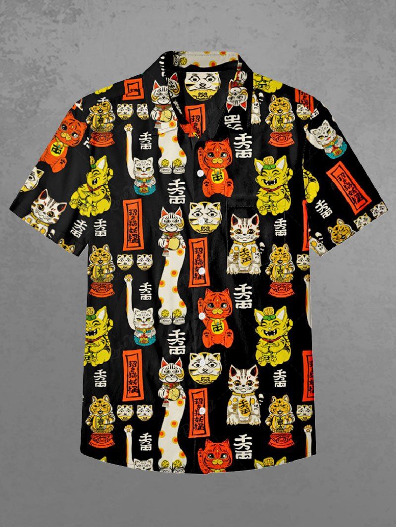 Gothic Plus Size 100% Cotton Lucky Cat Word Print Button Shirt For Men