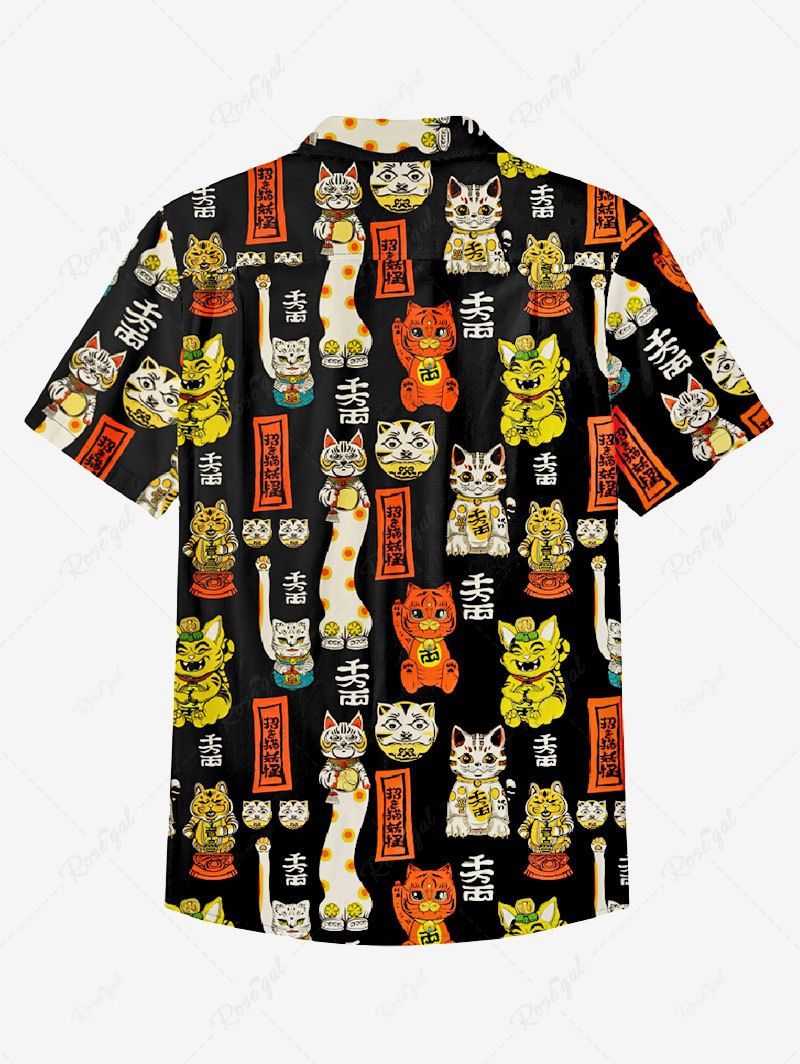 Gothic Plus Size 100% Cotton Lucky Cat Word Print Button Shirt For Men