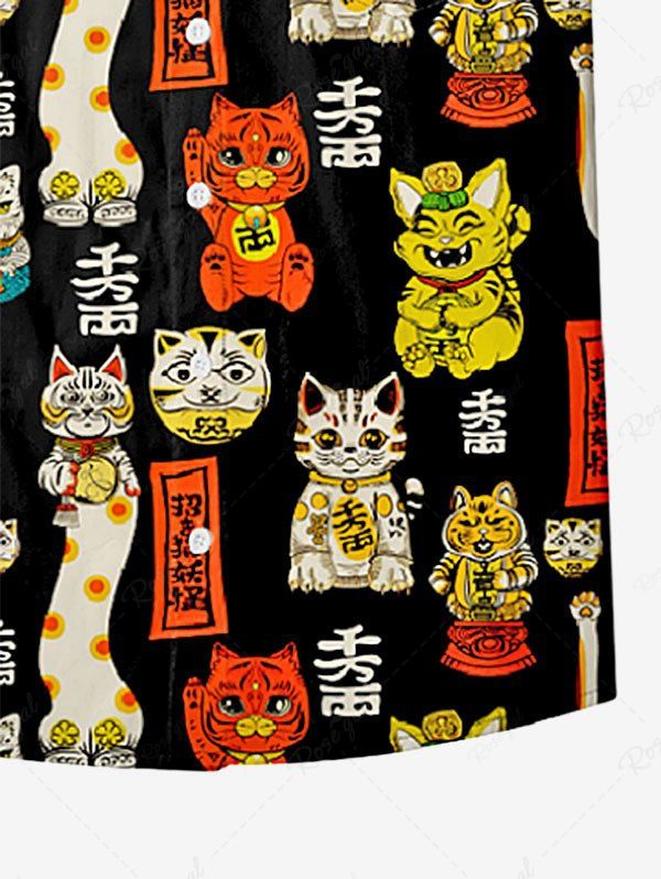 Gothic Plus Size 100% Cotton Lucky Cat Word Print Button Shirt For Men