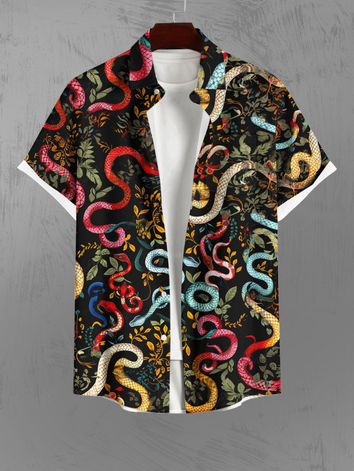 Gothic Plus Size Colorful Snake Floral Leaves Print Halloween Button Pocket Shirt For Men