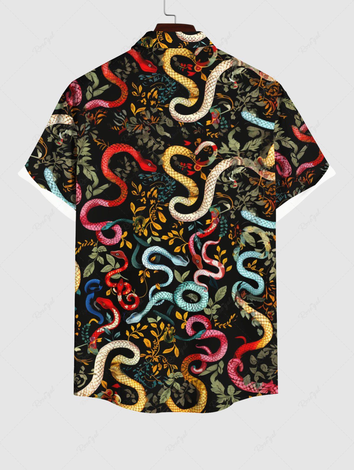 Gothic Plus Size Colorful Snake Floral Leaves Print Halloween Button Pocket Shirt For Men