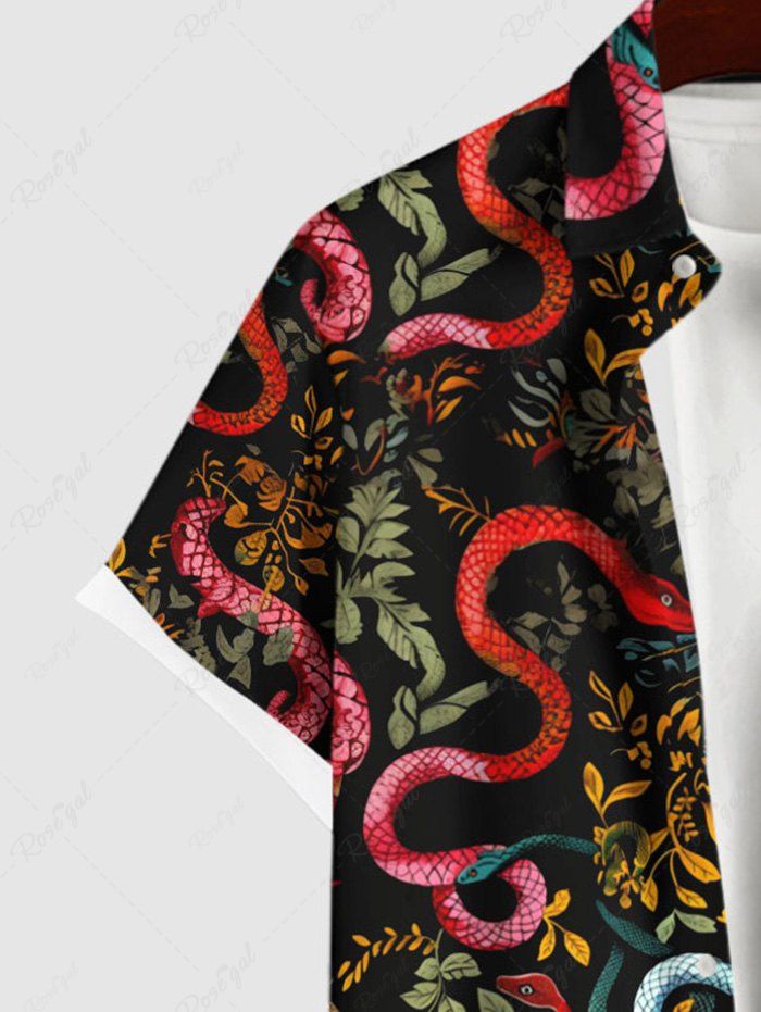 Gothic Plus Size Colorful Snake Floral Leaves Print Halloween Button Pocket Shirt For Men