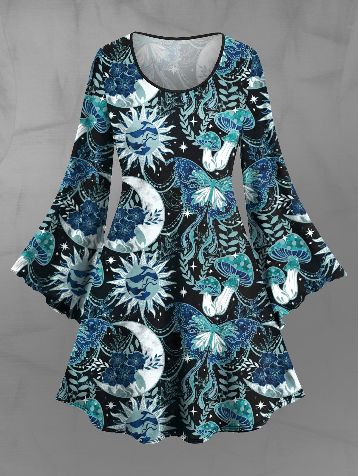 Gothic Plus Size Flare Sleeves Butterfly Mushroom Sun Moon Star Floral Leaves Print A Line Dress