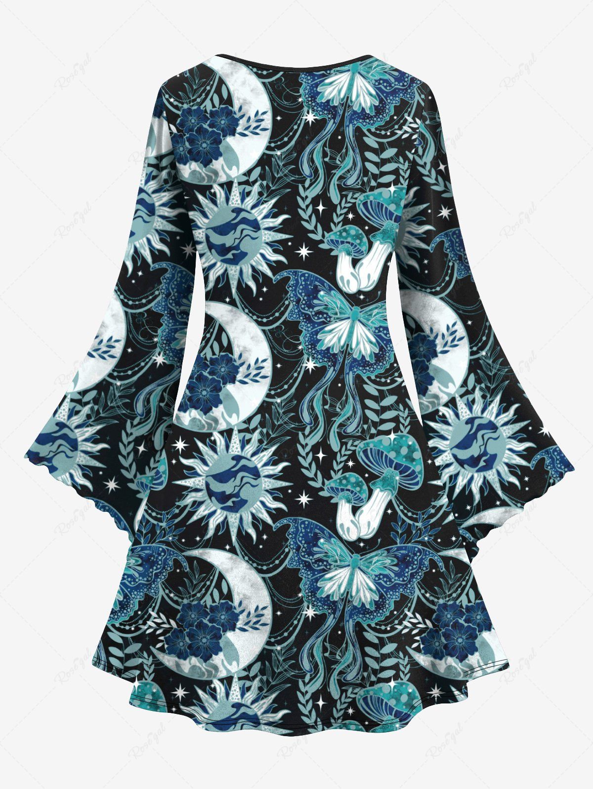 Gothic Plus Size Flare Sleeves Butterfly Mushroom Sun Moon Star Floral Leaves Print A Line Dress