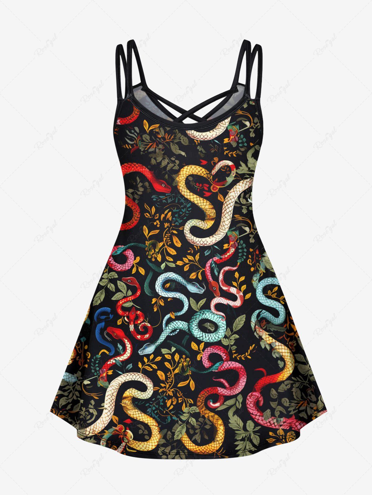 Gothic Plus Size Snake Floral Leaves Print Halloween Costume Crisscross A Line Cami Dress