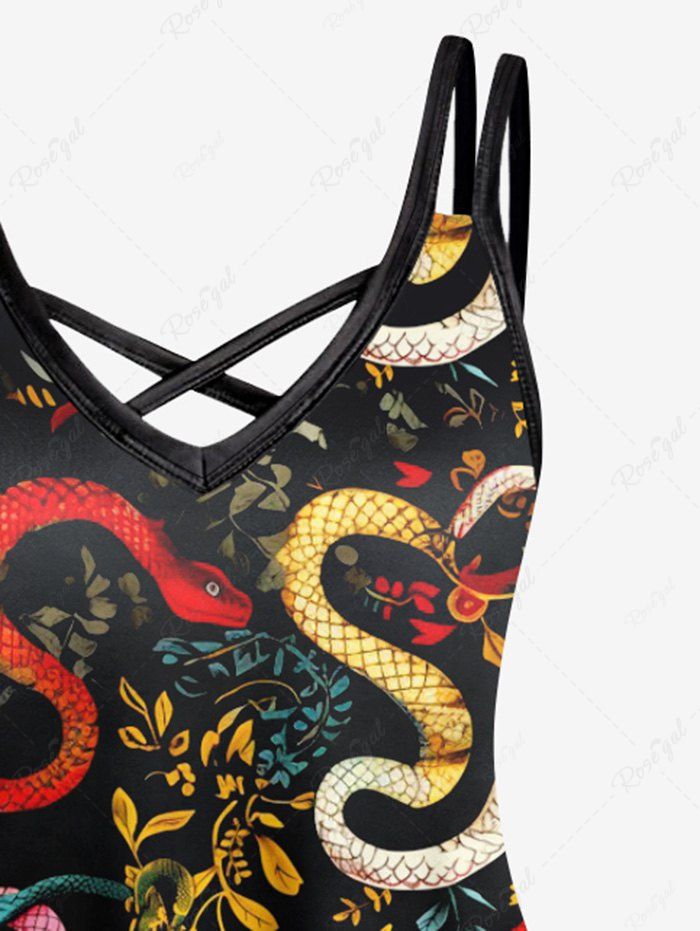 Gothic Plus Size Snake Floral Leaves Print Halloween Costume Crisscross A Line Cami Dress