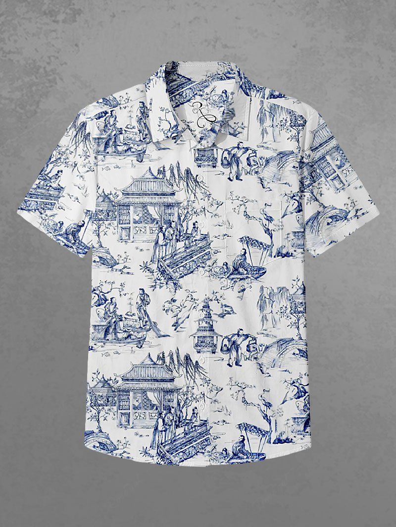 Gothic Plus Size 100% Cotton Ancient Scene Life Print Button Shirt For Men