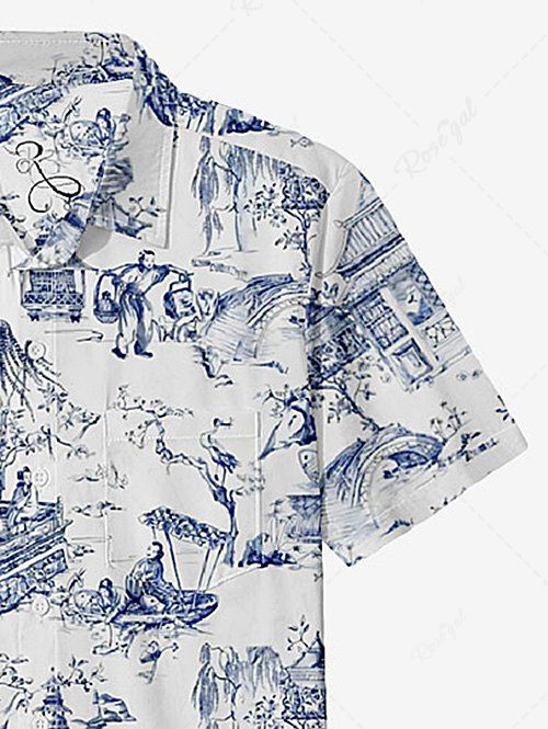 Gothic Plus Size 100% Cotton Ancient Scene Life Print Button Shirt For Men