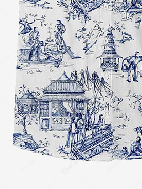 Gothic Plus Size 100% Cotton Ancient Scene Life Print Button Shirt For Men