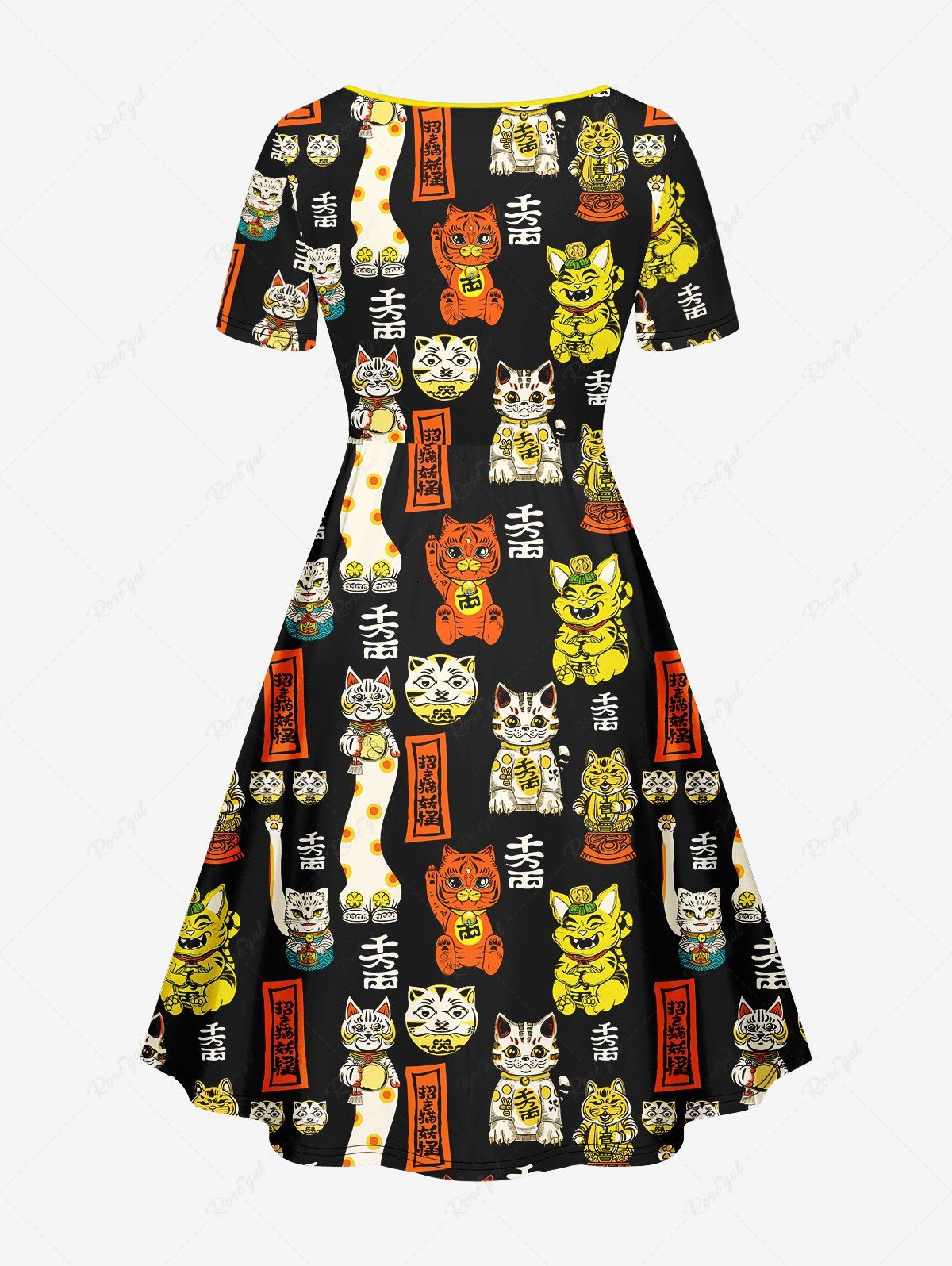 Gothic Plus Size Lucky Cat Word Print Cinched A Line Dress