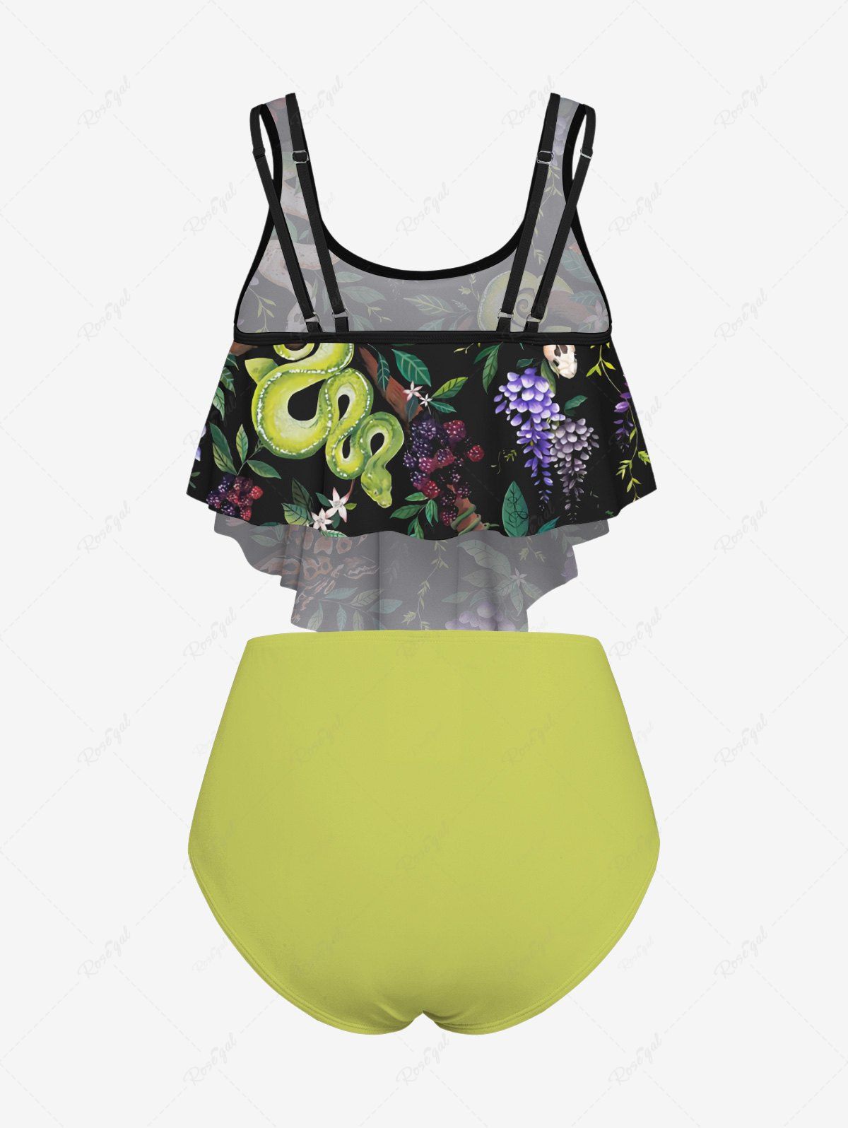 Gothic Plus Size Snake Colorful Floral Leaves Print Peplum Hem Backless Tankini Swimsuit (Adjustable Shoulder Strap)