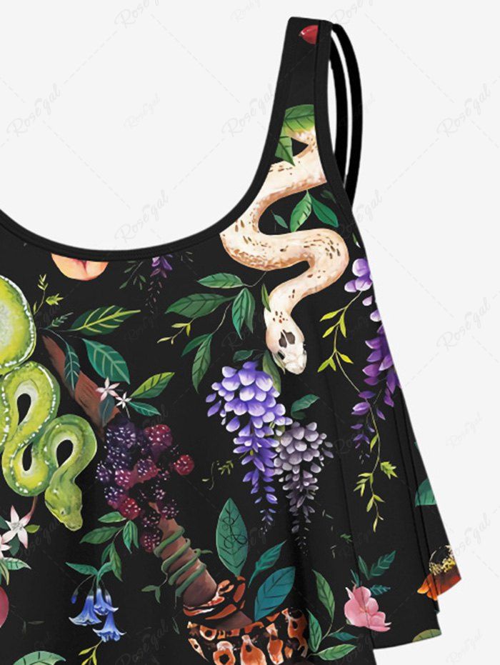 Gothic Plus Size Snake Colorful Floral Leaves Print Peplum Hem Backless Tankini Swimsuit (Adjustable Shoulder Strap)