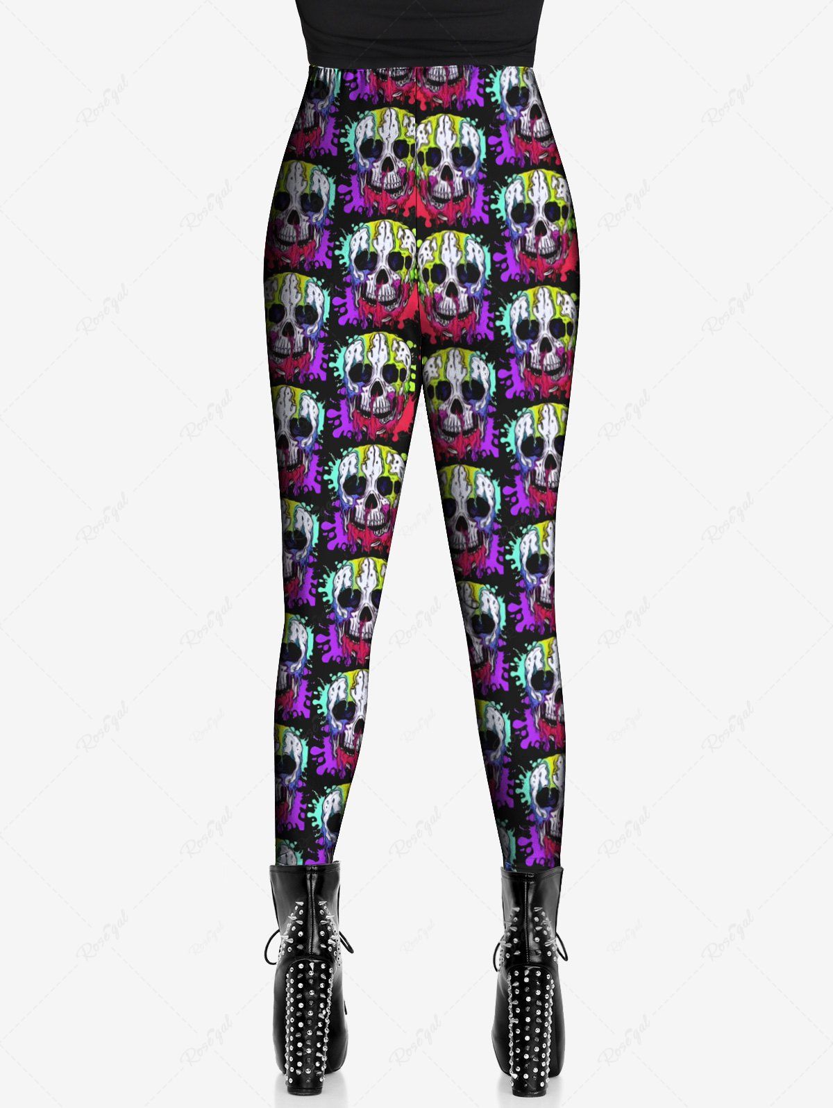 Gothic Plus Size Colorful Skulls Print Halloween Skinny Leggings