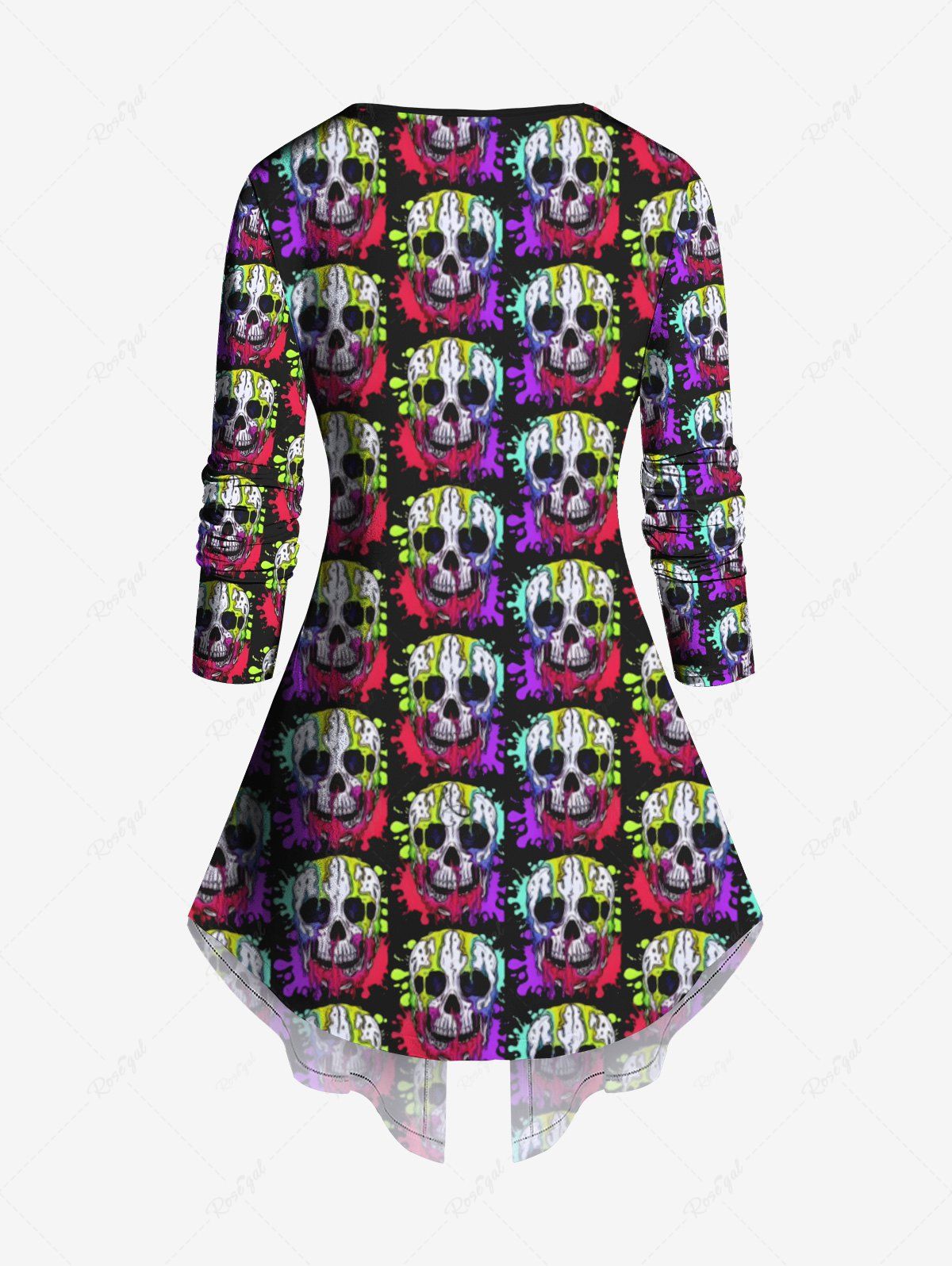 Gothic Plus Size Colorful Skull Print Halloween Patchwork 2 in 1 Long Sleeves Top