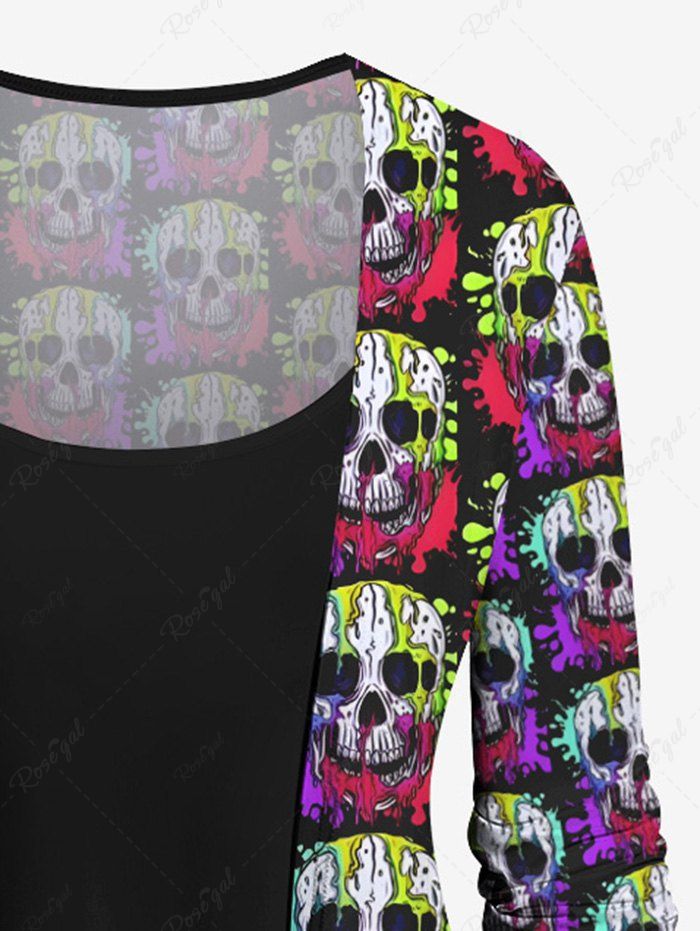 Gothic Plus Size Colorful Skull Print Halloween Patchwork 2 in 1 Long Sleeves Top