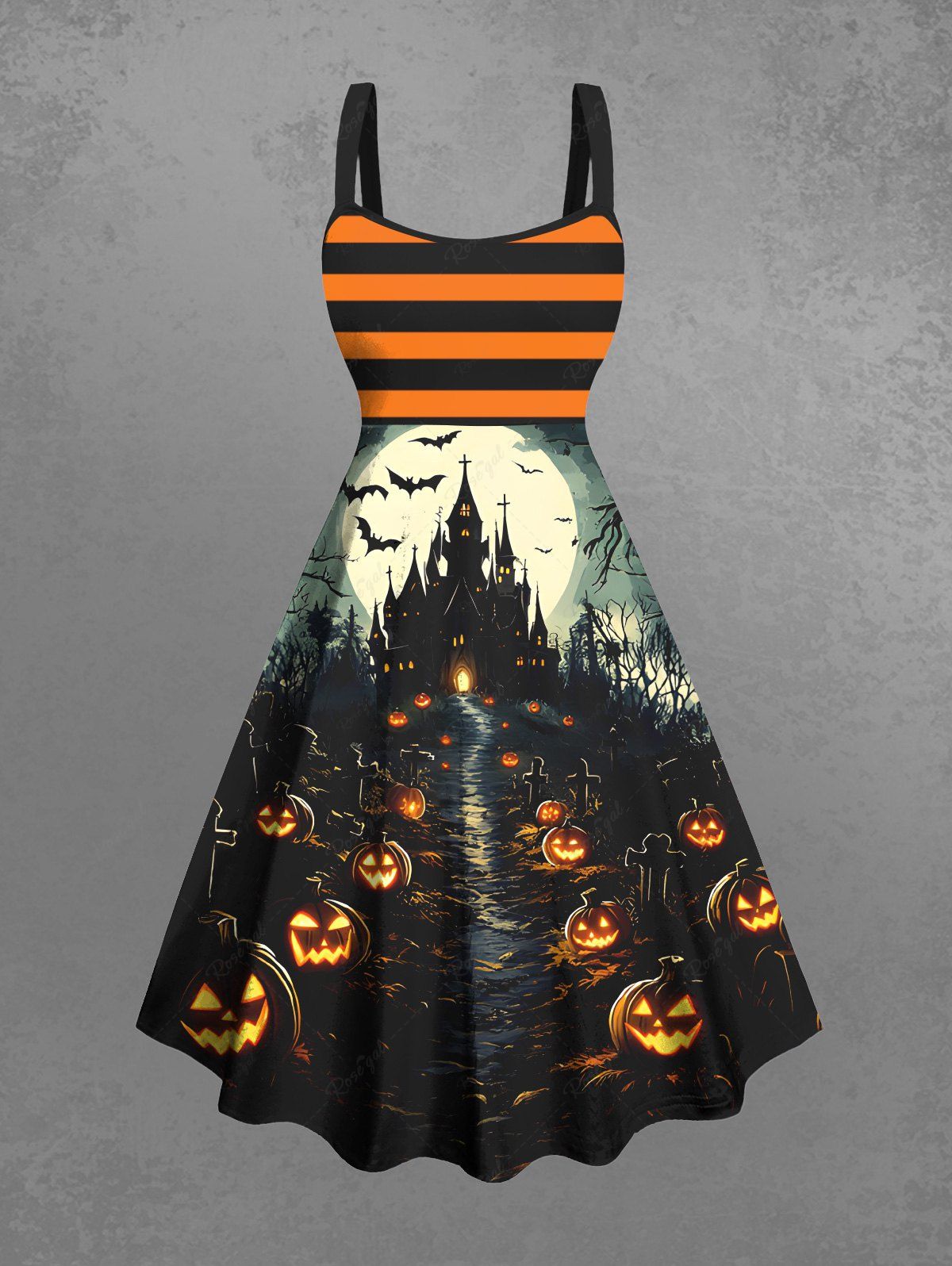 Gothic Plus Size Pumpkin Lantern Castle Bat Moon Striped Print Halloween Costume A Line Tank Dress