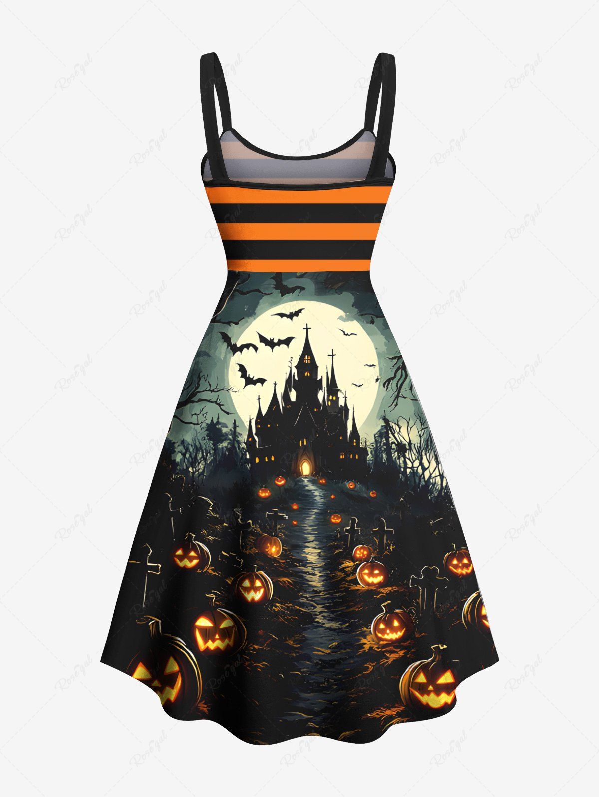 Gothic Plus Size Pumpkin Lantern Castle Bat Moon Striped Print Halloween Costume A Line Tank Dress