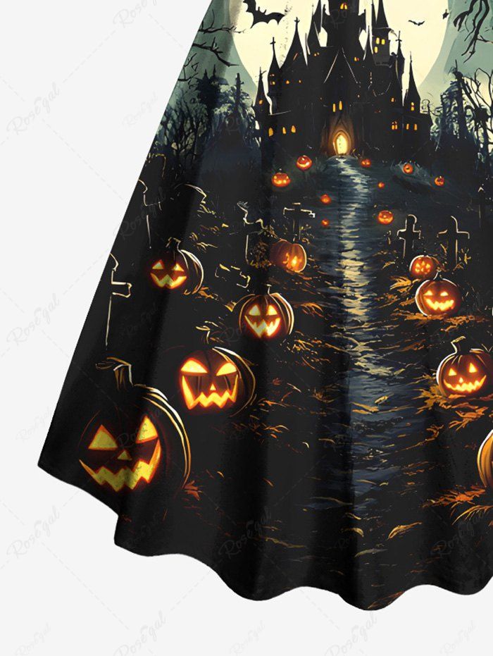 Gothic Plus Size Pumpkin Lantern Castle Bat Moon Striped Print Halloween Costume A Line Tank Dress