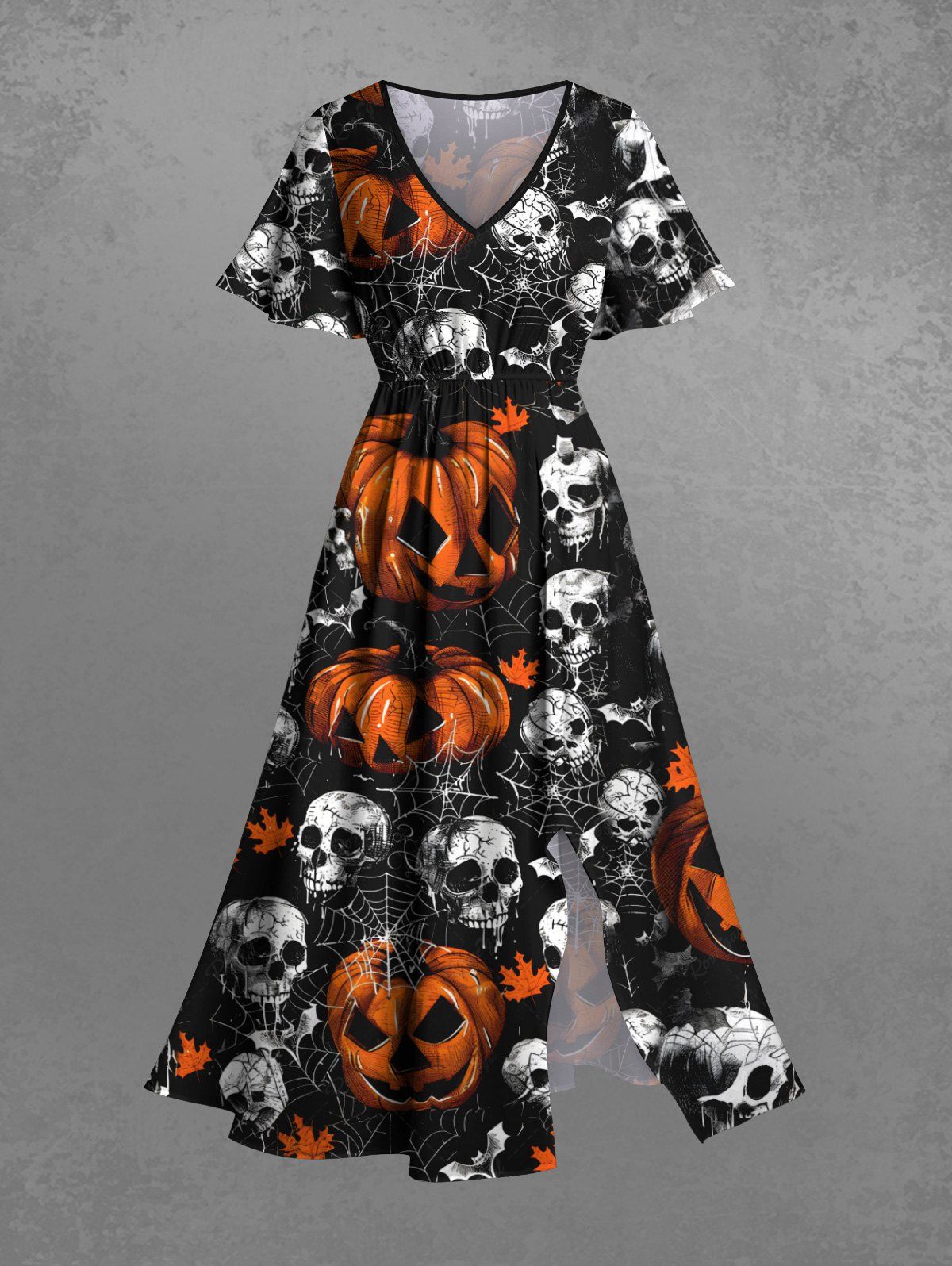 Gothic Plus Size Pumpkin Skull Spider Web Print Halloween Costume Split Pocket A Line Midi Dress