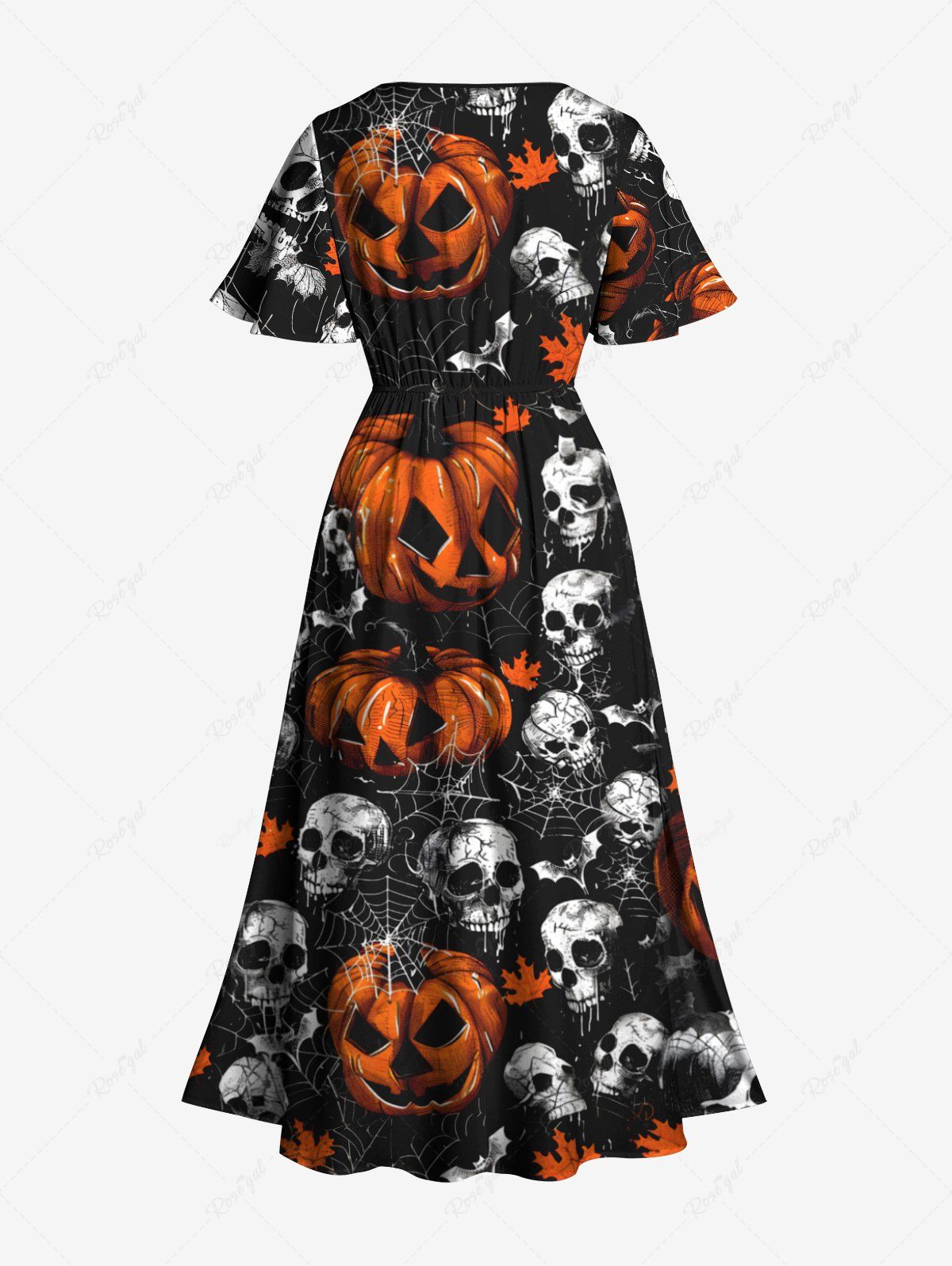 Gothic Plus Size Pumpkin Skull Spider Web Print Halloween Costume Split Pocket A Line Midi Dress