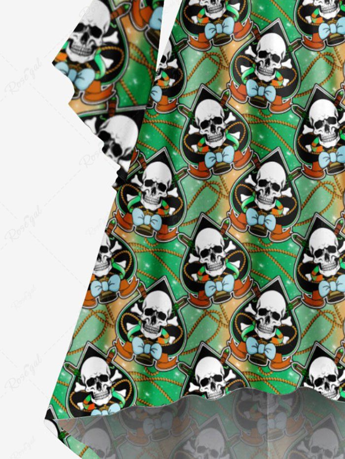 Gothic Plus Size Flare Sleeves Skull Heart Bowknot Colorblock Print Ruched High Low Asymmetric A Line Dress