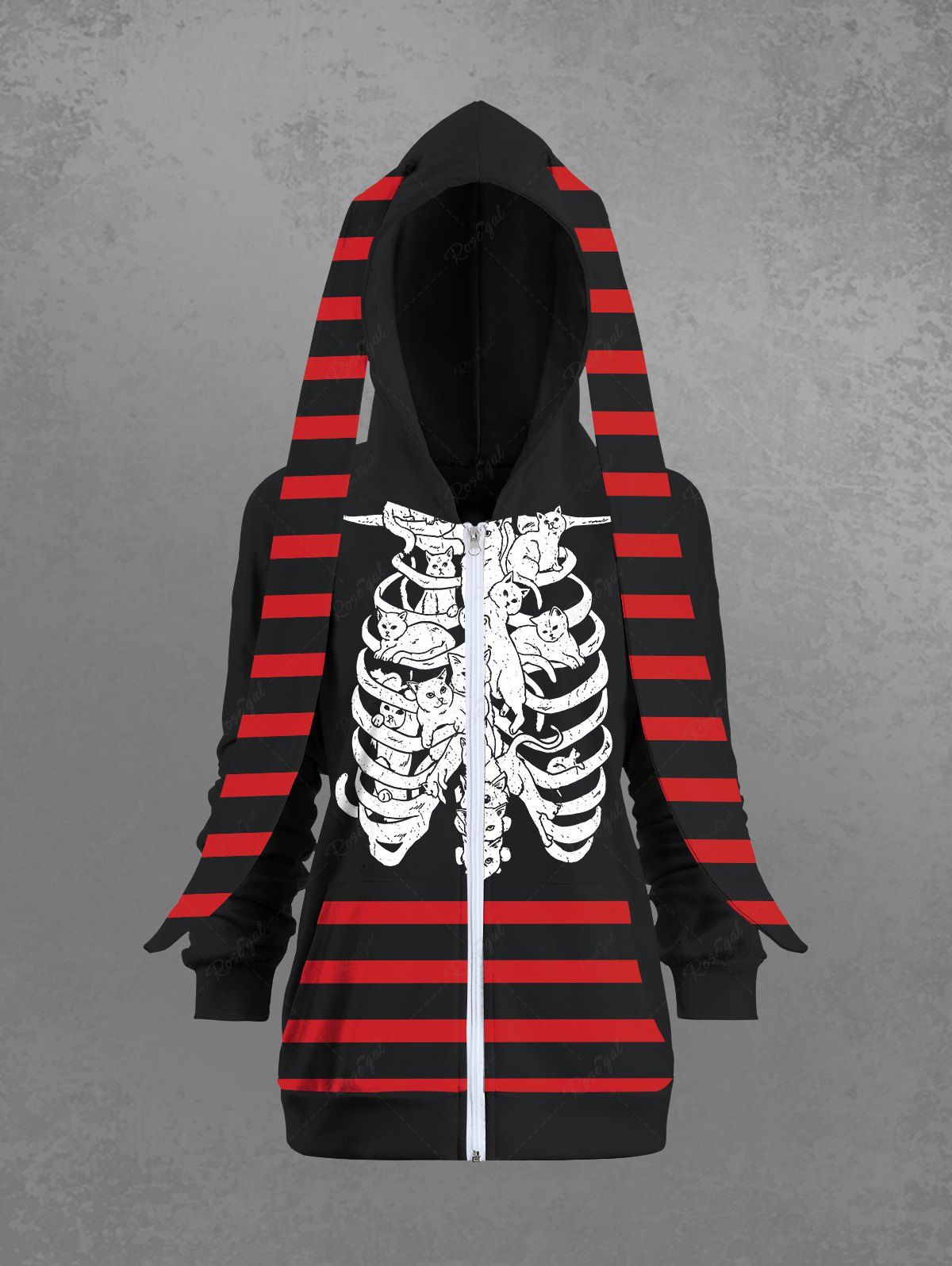 Gothic Skeleton Cat Striped Print Full Zipper Long Ear Halloween Hoodie