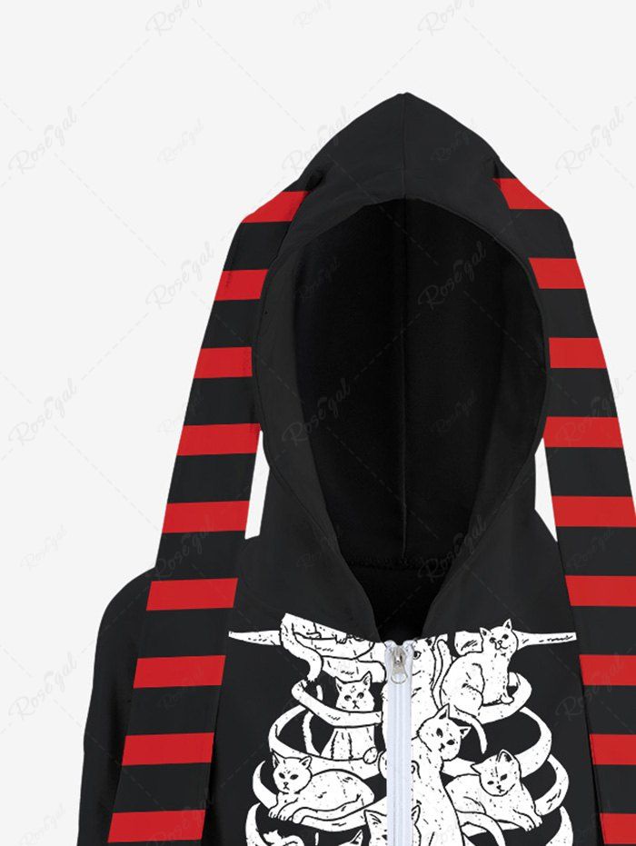 Gothic Skeleton Cat Striped Print Full Zipper Long Ear Halloween Hoodie