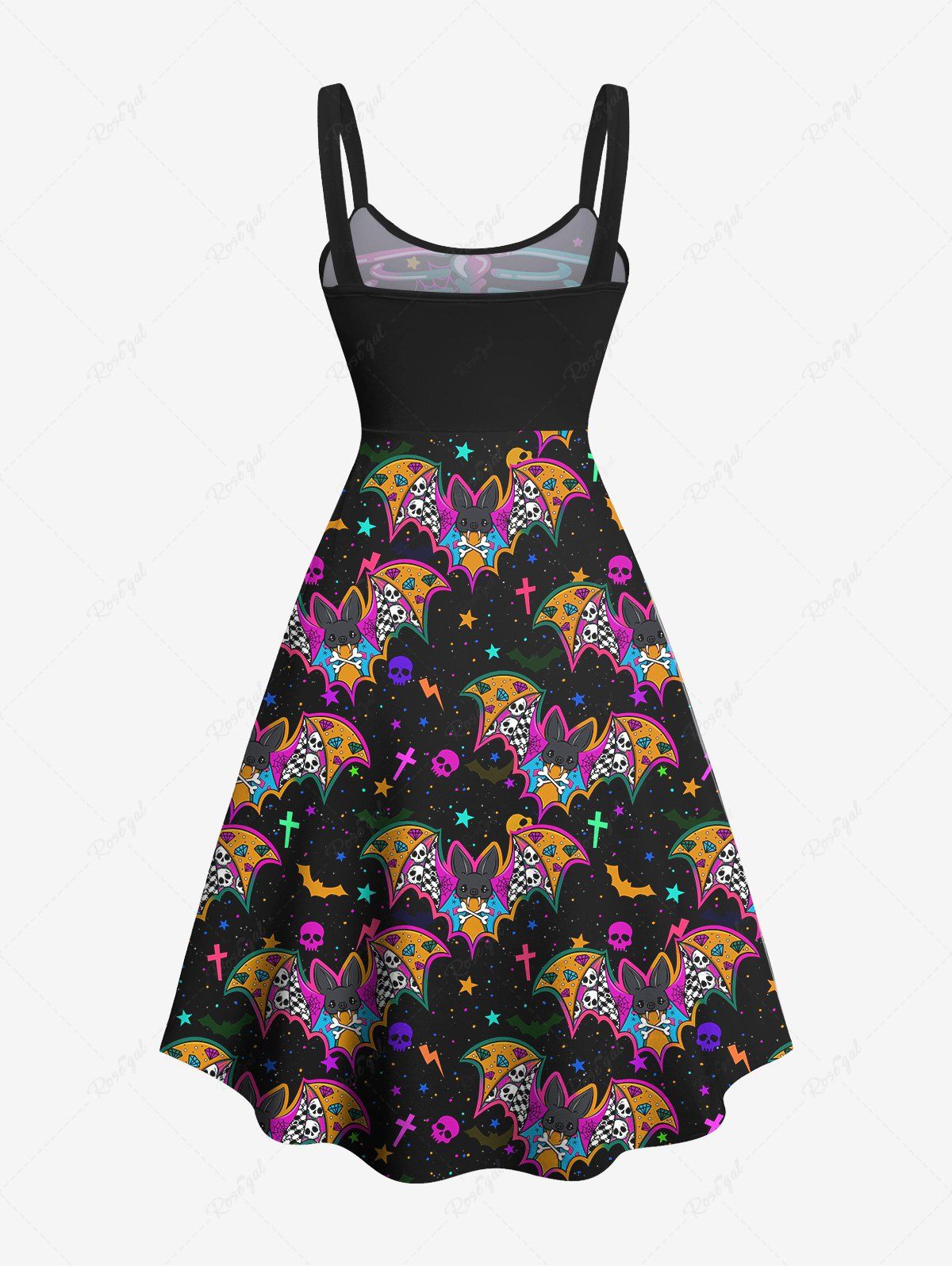 Gothic Plus Size Colorful Bat Skulls Star Skeleton Heart Print Halloween Costume A Line Tank Dress