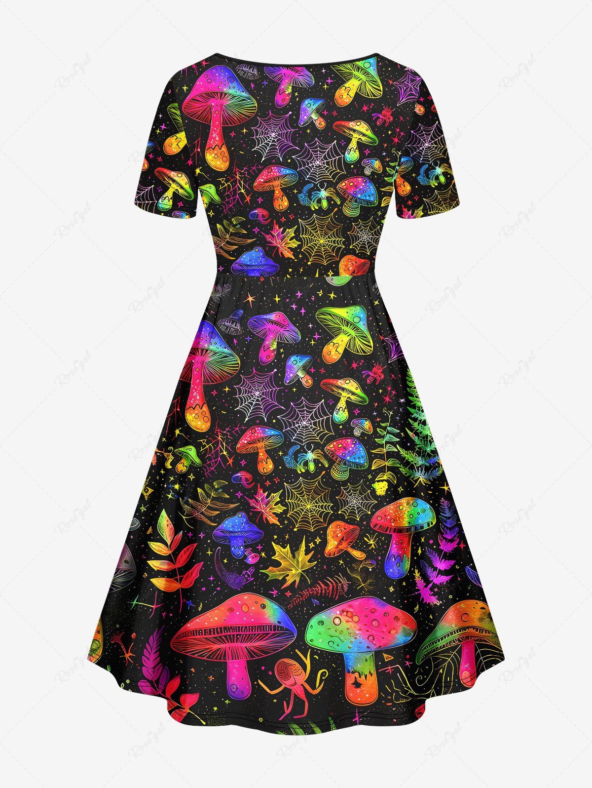 Gothic Plus Size Colorful Ombre Mushroom Leaves Spider Web Galaxy Print Halloween Costume Cinched A Line Dress