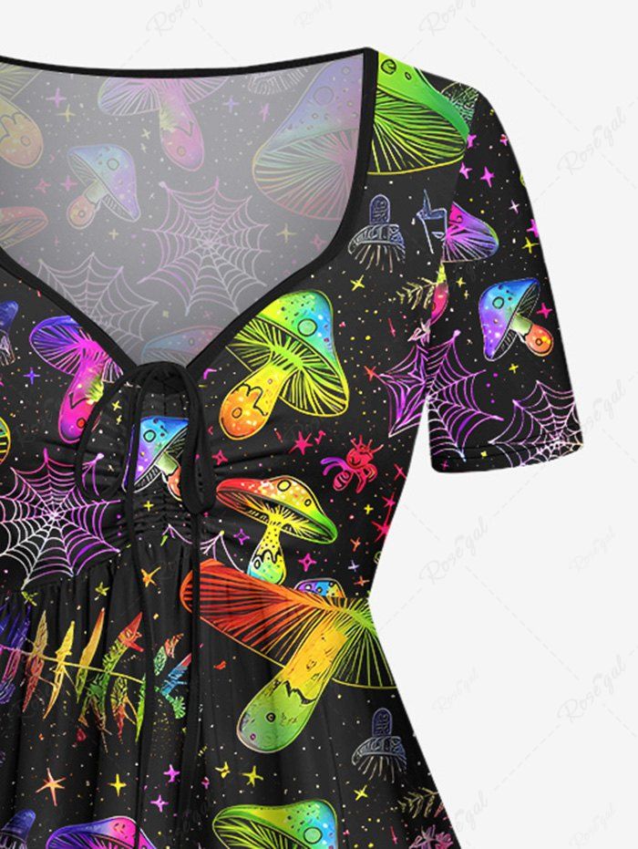 Gothic Plus Size Colorful Ombre Mushroom Leaves Spider Web Galaxy Print Halloween Costume Cinched A Line Dress