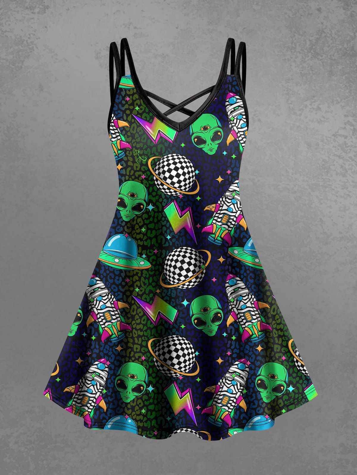 Gothic Plus Size Skull Alien Plaid Planet Rocket Ombre Lightning Leopard Print Crisscross A Line Cami Dress