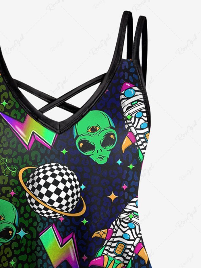 Gothic Plus Size Skull Alien Plaid Planet Rocket Ombre Lightning Leopard Print Crisscross A Line Cami Dress