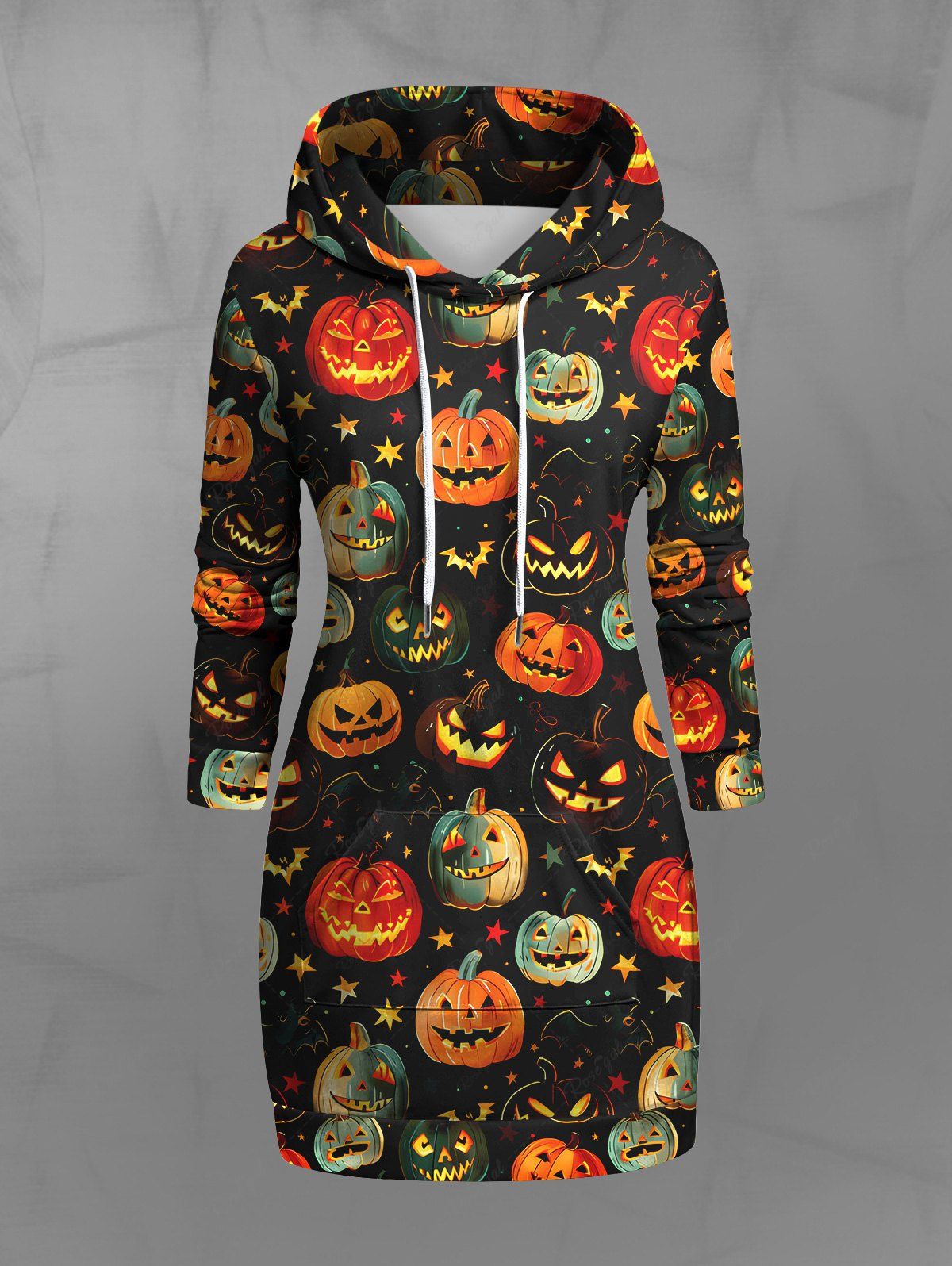 Gothic Plus Size Colorful Pumpkin Bat Star Print Halloween Drawstring Kangaroo Pocket Pullover Hoodie