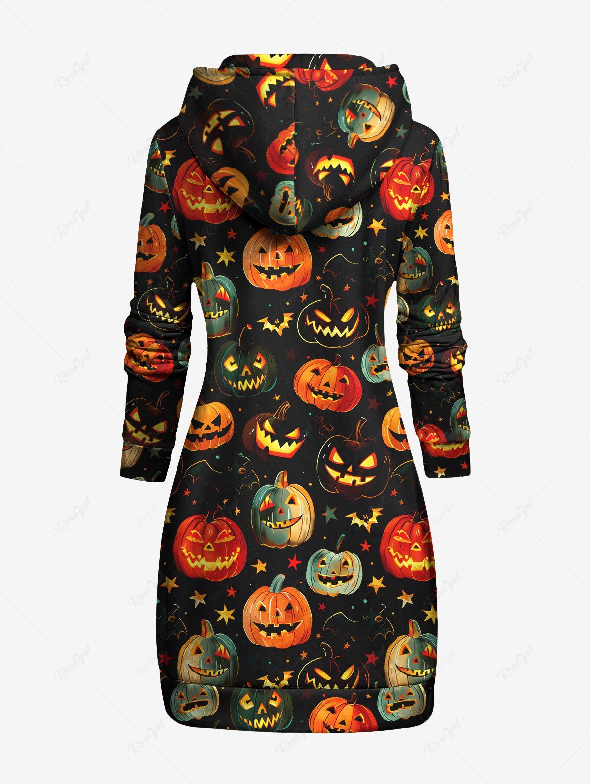 Gothic Plus Size Colorful Pumpkin Bat Star Print Halloween Drawstring Kangaroo Pocket Pullover Hoodie