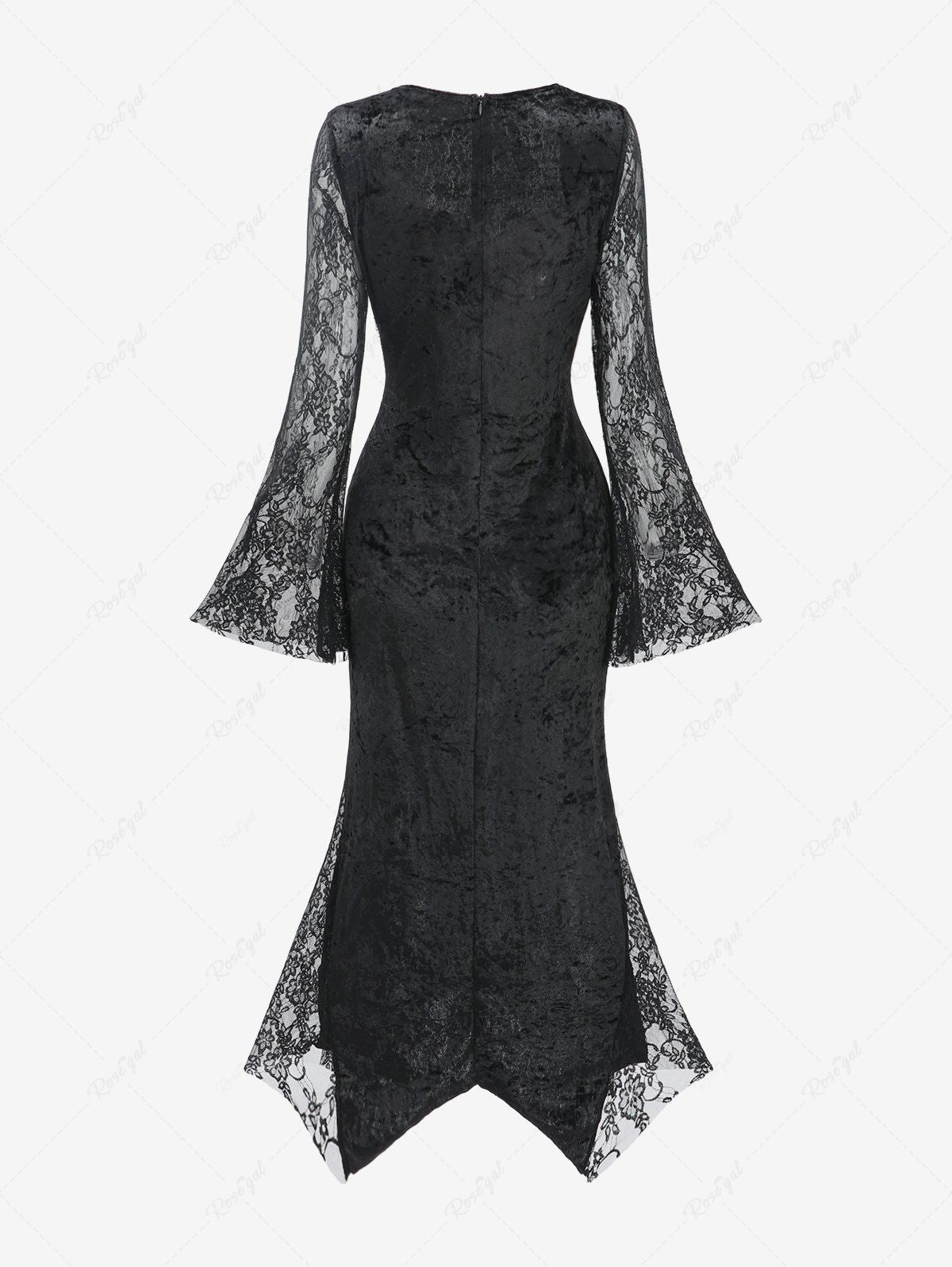 Gothic Floral Lace Panel Applique Cross Chain Patchwork Velvet Fitted Dress