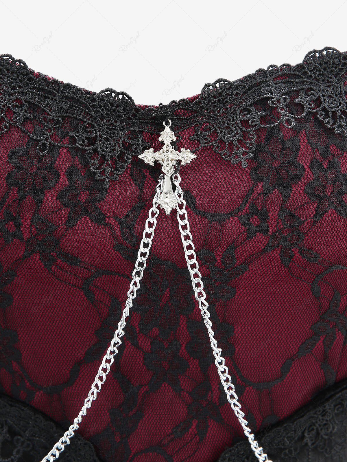 Gothic Floral Lace Panel Applique Cross Chain Patchwork Velvet Fitted Dress