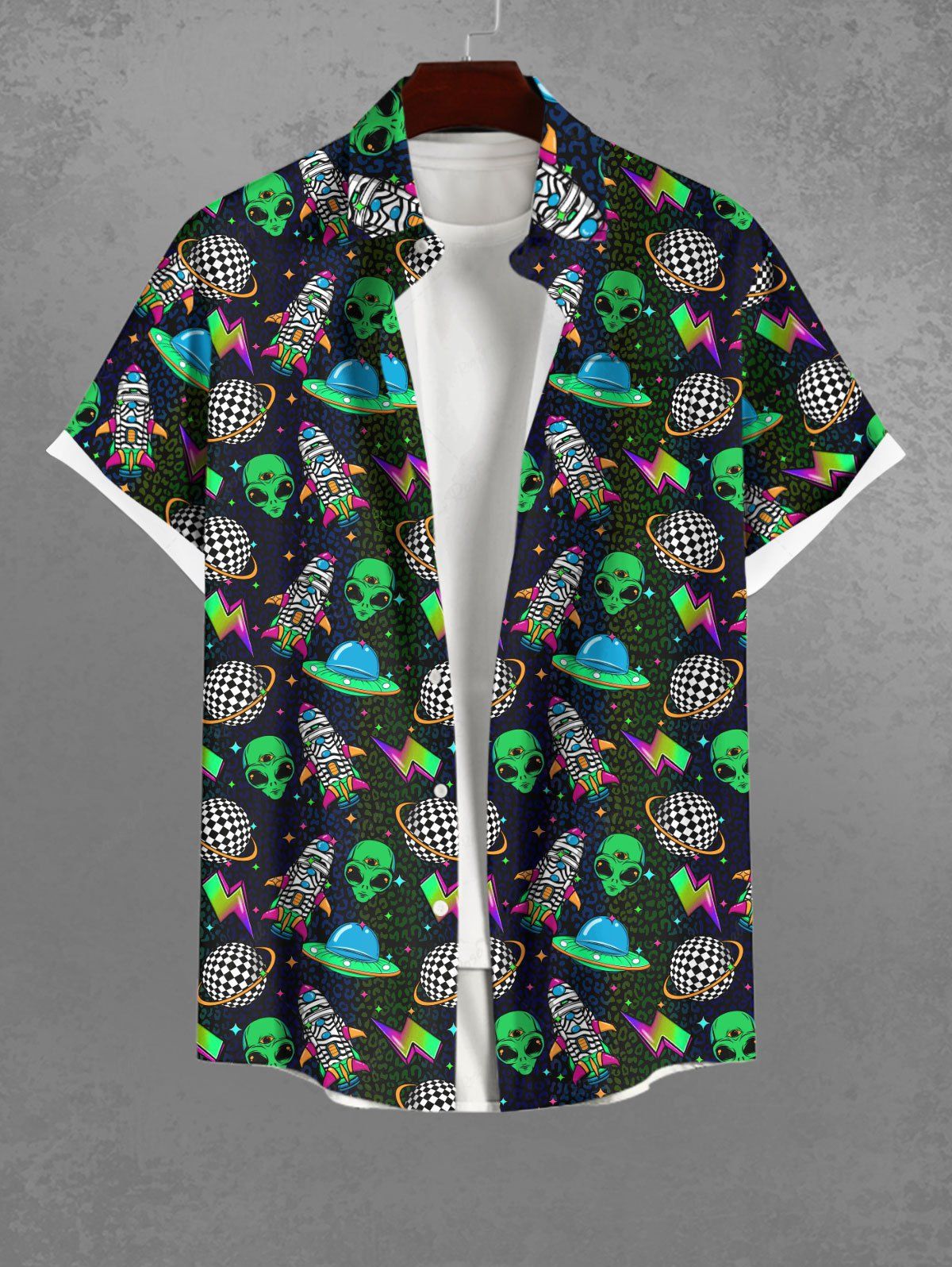 Gothic Plus Size Skull Alien Plaid Planet Ombre Lightning Rocket Print Button Pocket Shirt For Men