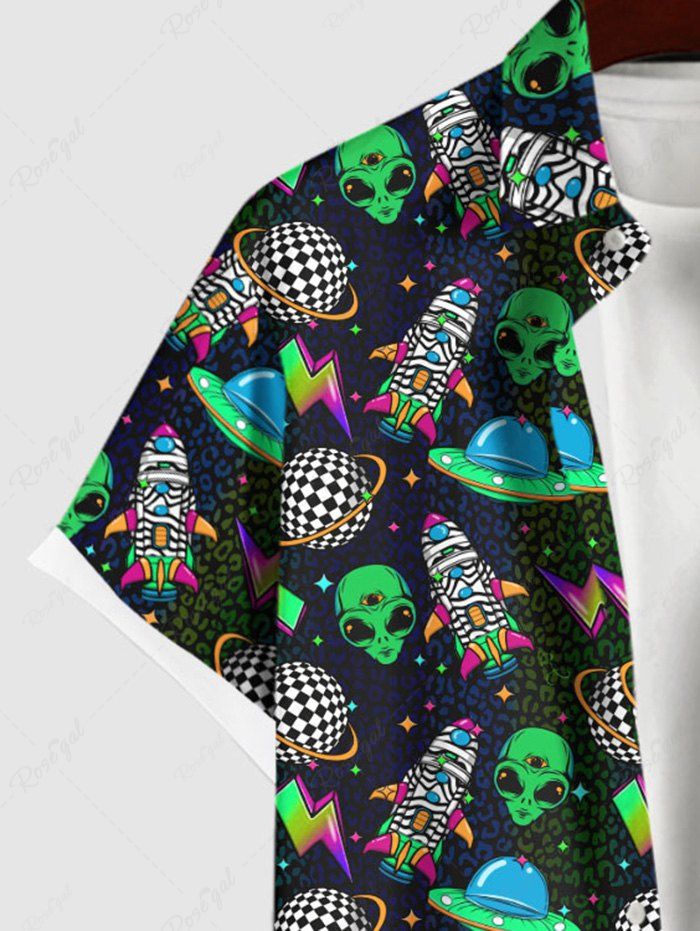 Gothic Plus Size Skull Alien Plaid Planet Ombre Lightning Rocket Print Button Pocket Shirt For Men