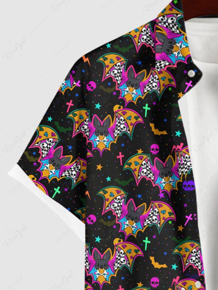 Gothic Plus Size Colorful Skull Bat Stars Print Halloween Button Pocket Shirt For Men