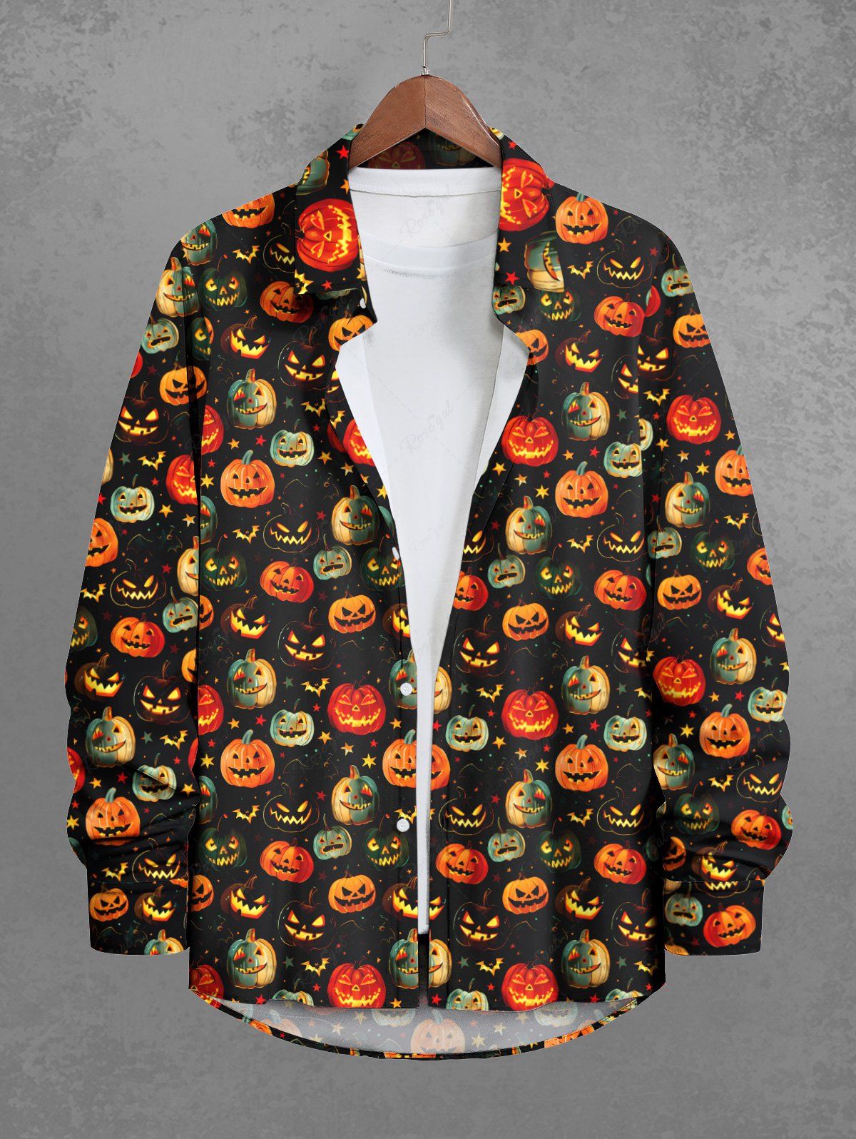 Gothic Plus Size Colorful Pumpkin Bat Star Print Halloween Button Shirt For Men