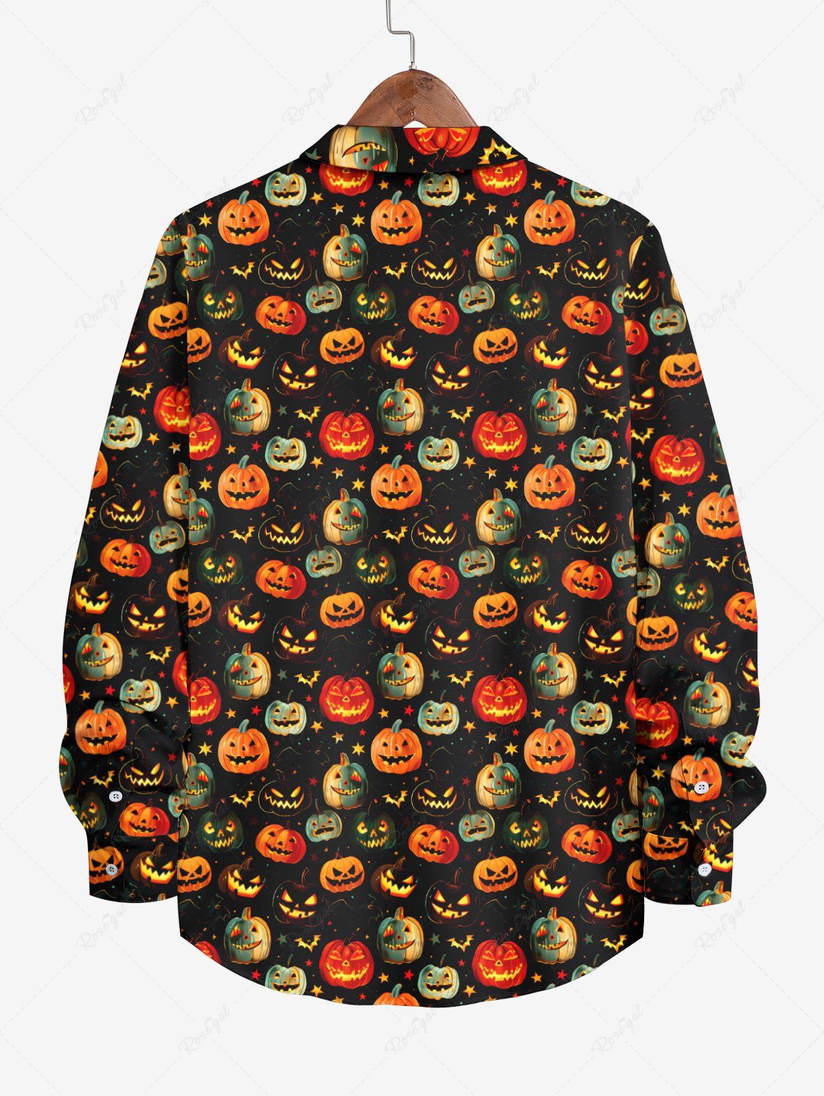 Gothic Plus Size Colorful Pumpkin Bat Star Print Halloween Button Shirt For Men