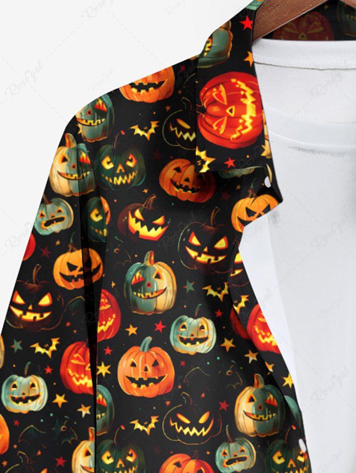 Gothic Plus Size Colorful Pumpkin Bat Star Print Halloween Button Shirt For Men