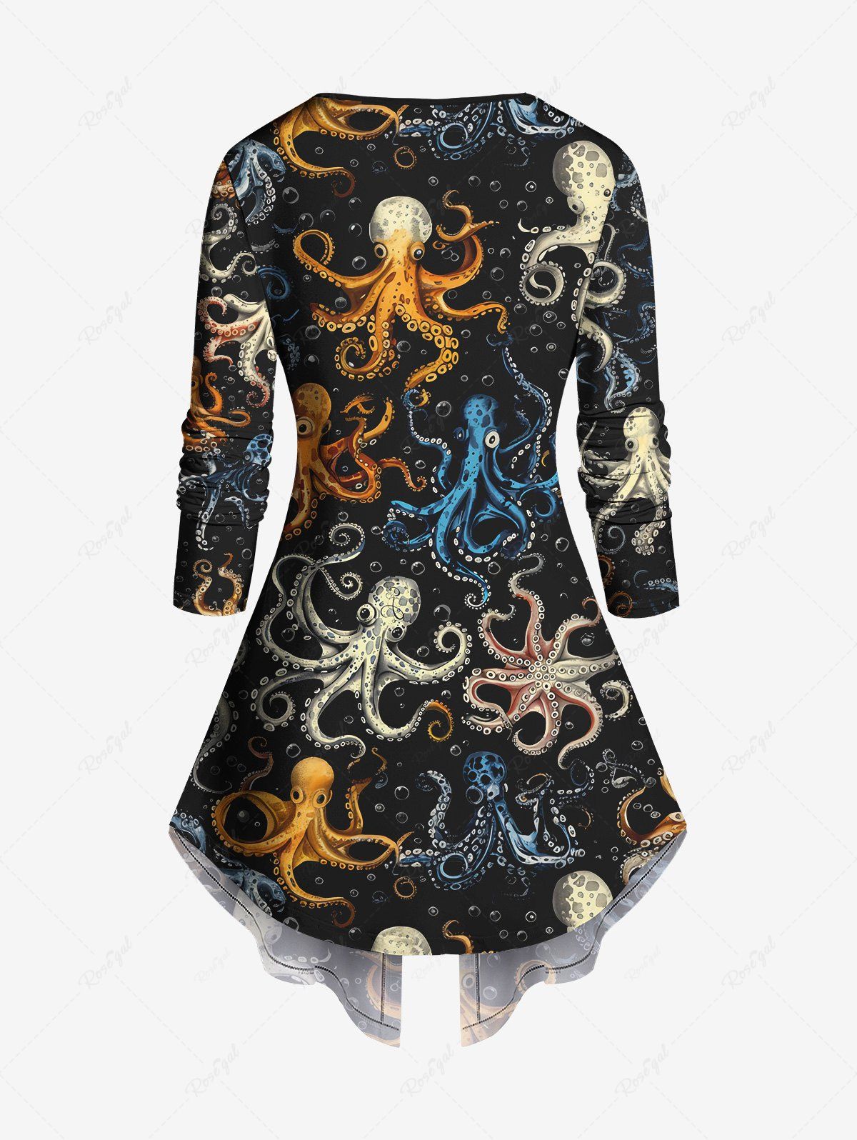 Gothic Plus Size Colorful Octopus Print Patchwork 2 in 1 Long Sleeves T-shirt