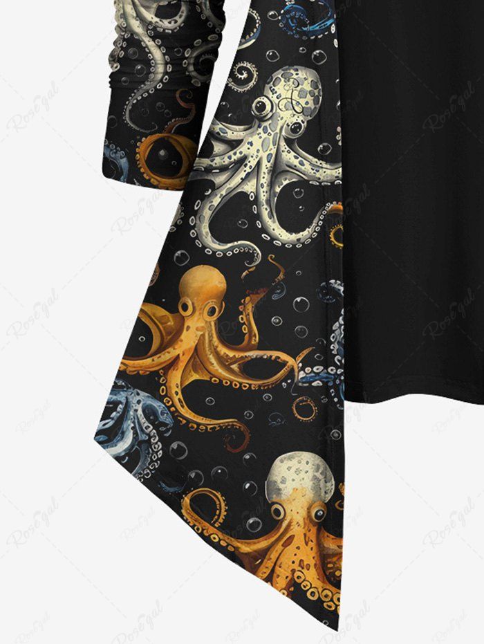 Gothic Plus Size Colorful Octopus Print Patchwork 2 in 1 Long Sleeves T-shirt