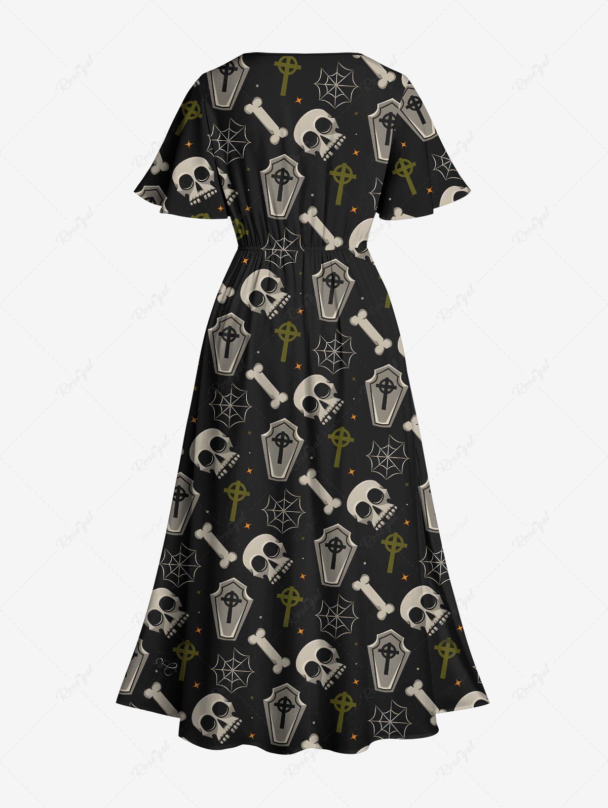 Gothic Plus Size Skull Spider Web Bone Tombstone Print Halloween Costume Split Pocket A Line Midi Dress