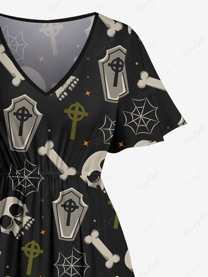 Gothic Plus Size Skull Spider Web Bone Tombstone Print Halloween Costume Split Pocket A Line Midi Dress